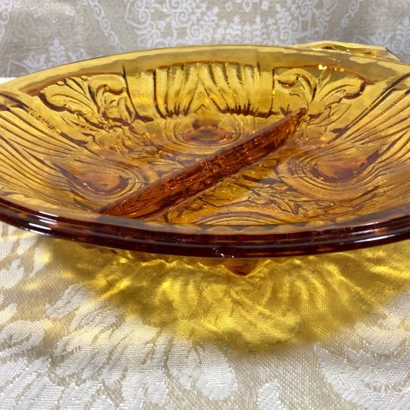 Vintage Amber Carnival Glass Two Section Footed Dish - Picture 7 of 7
